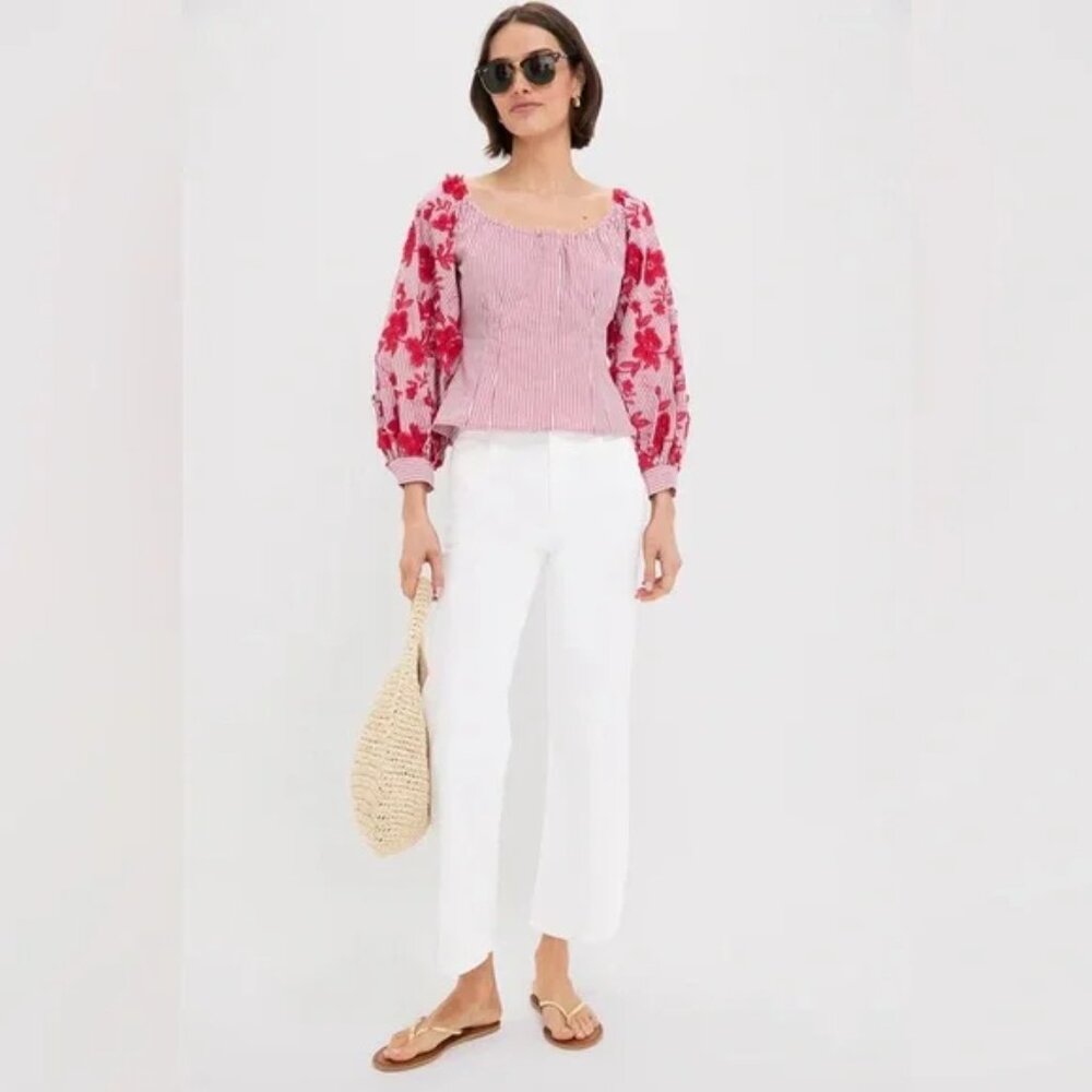 Tuckernuck Red and White Stripe Quinn Blouse Floral Applique Size Large
